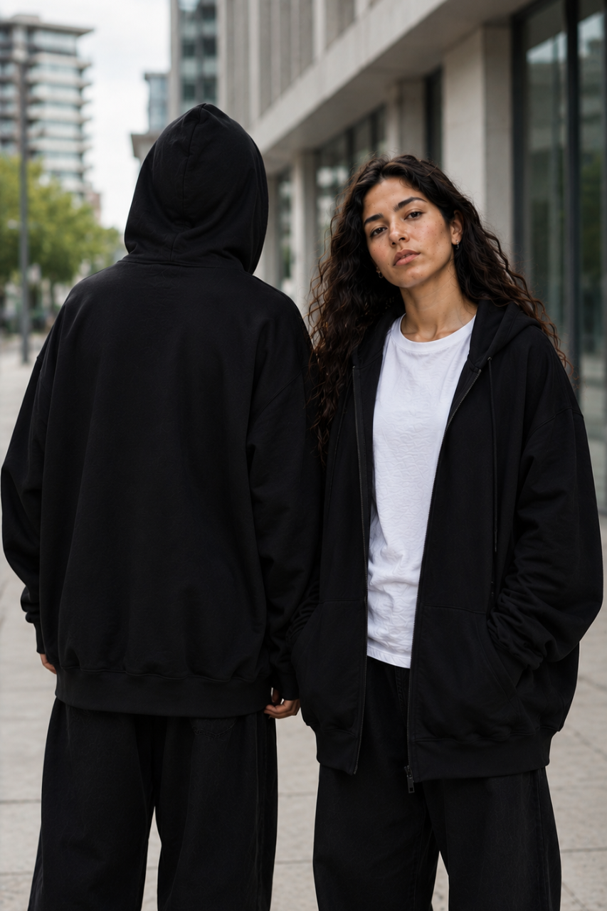 ZIP HOODIE OVERSIZE BASICA NEGRO