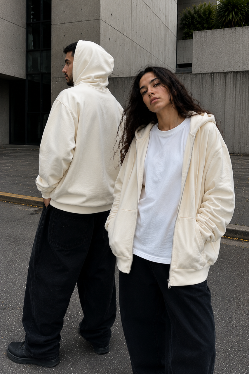 ZIP HOODIE OVERSIZE BASICA BLANCO OSTRA